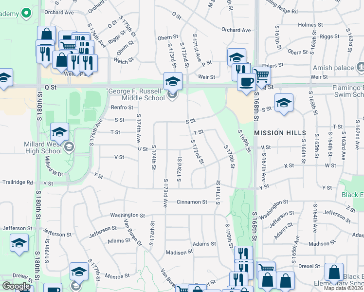 map of restaurants, bars, coffee shops, grocery stores, and more near 5606 South 173rd Street in Omaha