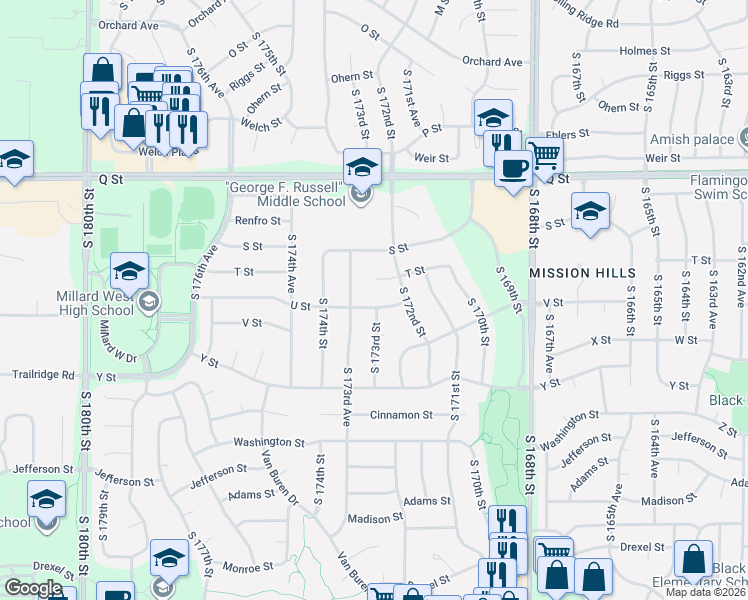 map of restaurants, bars, coffee shops, grocery stores, and more near 5606 South 173rd Street in Omaha