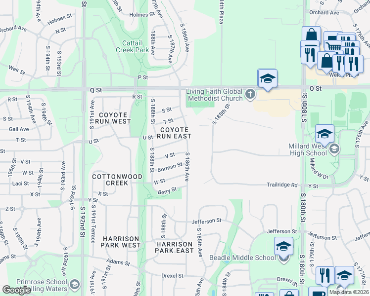 map of restaurants, bars, coffee shops, grocery stores, and more near 18656 Borman Street in Omaha