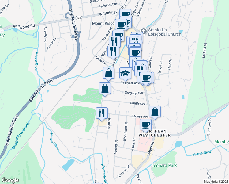 map of restaurants, bars, coffee shops, grocery stores, and more near 90 Gregory Avenue in Mount Kisco