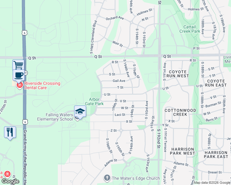 map of restaurants, bars, coffee shops, grocery stores, and more near 19608 V Street in Omaha