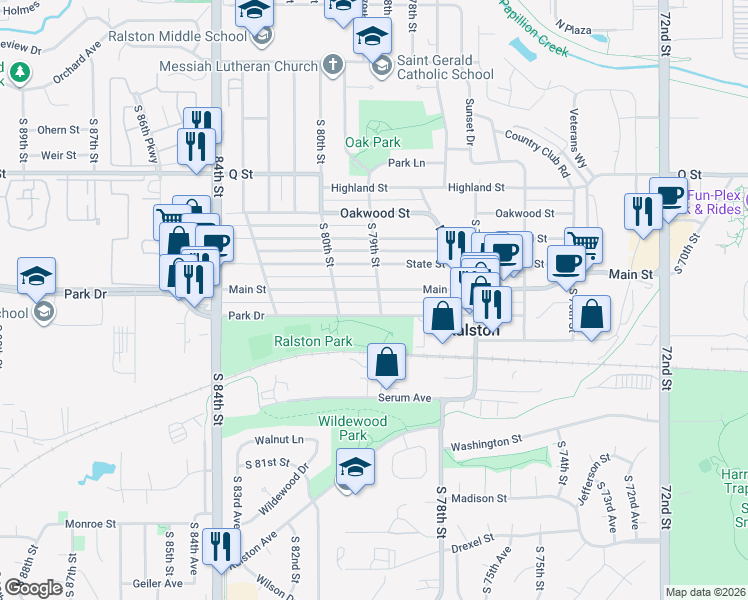 map of restaurants, bars, coffee shops, grocery stores, and more near 7902 Park Drive in Ralston