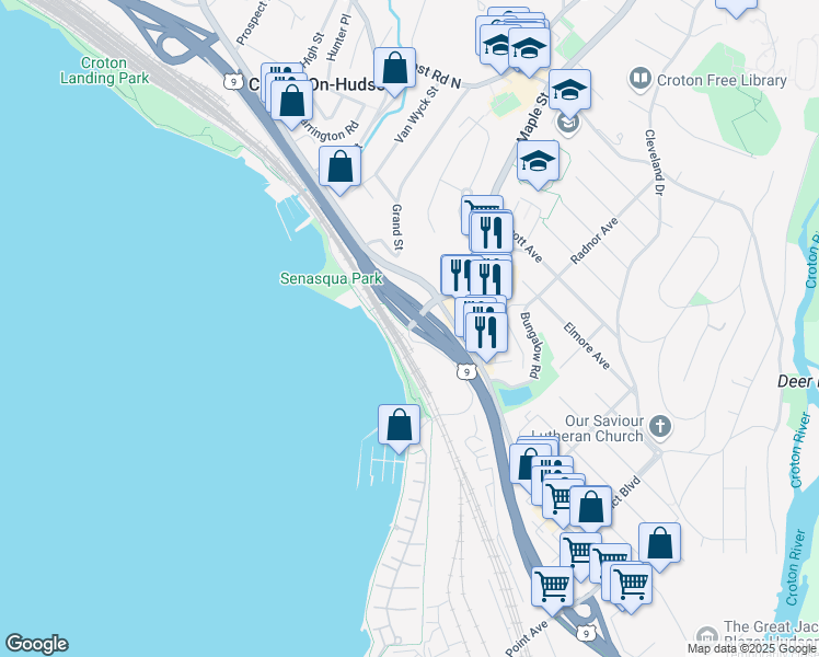 map of restaurants, bars, coffee shops, grocery stores, and more near 404 Half Moon Bay Drive in Croton-on-Hudson