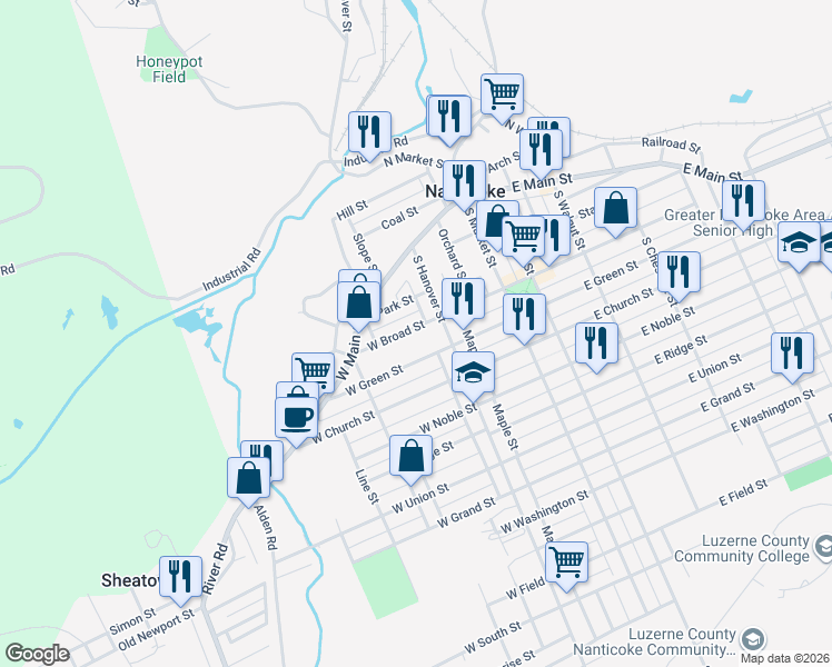 map of restaurants, bars, coffee shops, grocery stores, and more near 125 W Green St in Nanticoke