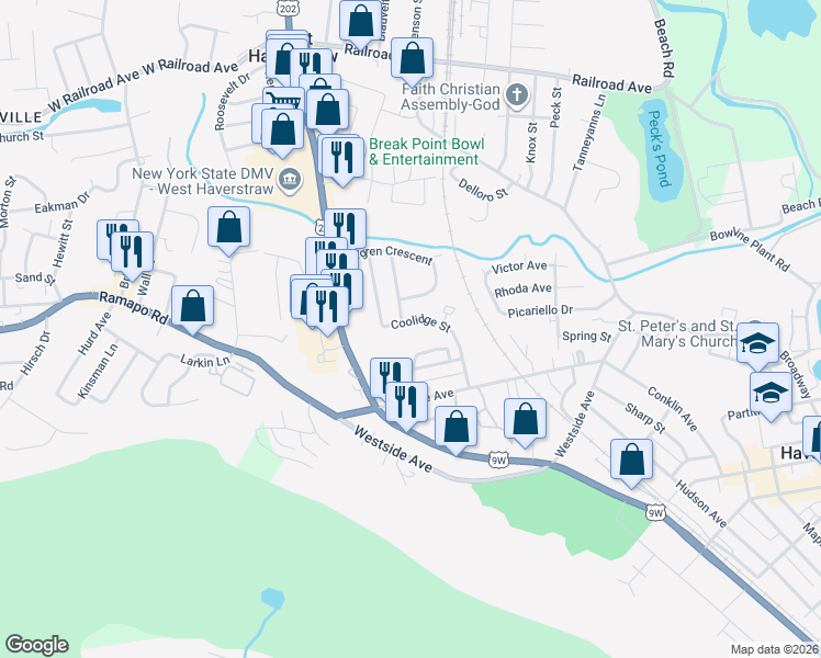 map of restaurants, bars, coffee shops, grocery stores, and more near 6 Hoover Avenue in Haverstraw