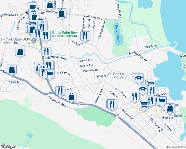 map of restaurants, bars, coffee shops, grocery stores, and more near 18 Village Mill in Haverstraw