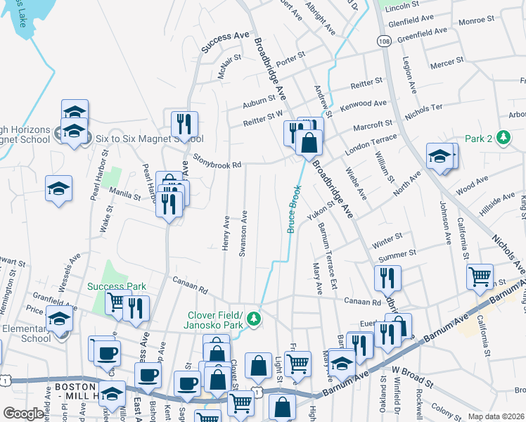 map of restaurants, bars, coffee shops, grocery stores, and more near 370 Wiklund Avenue in Stratford