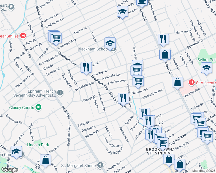map of restaurants, bars, coffee shops, grocery stores, and more near 764 Fairview Avenue in Bridgeport