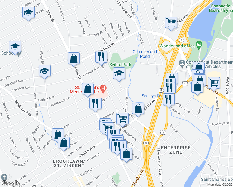 map of restaurants, bars, coffee shops, grocery stores, and more near Lindley St & Hawley Ave in Bridgeport