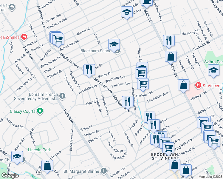 map of restaurants, bars, coffee shops, grocery stores, and more near 764 Fairview Avenue in Bridgeport