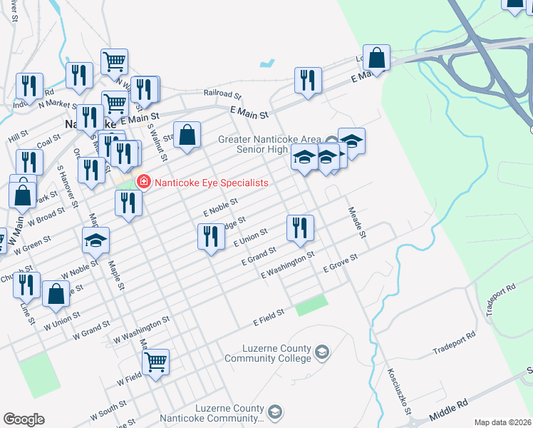 map of restaurants, bars, coffee shops, grocery stores, and more near 371 East Noble Street in Nanticoke