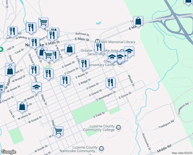 map of restaurants, bars, coffee shops, grocery stores, and more near 371 East Noble Street in Nanticoke