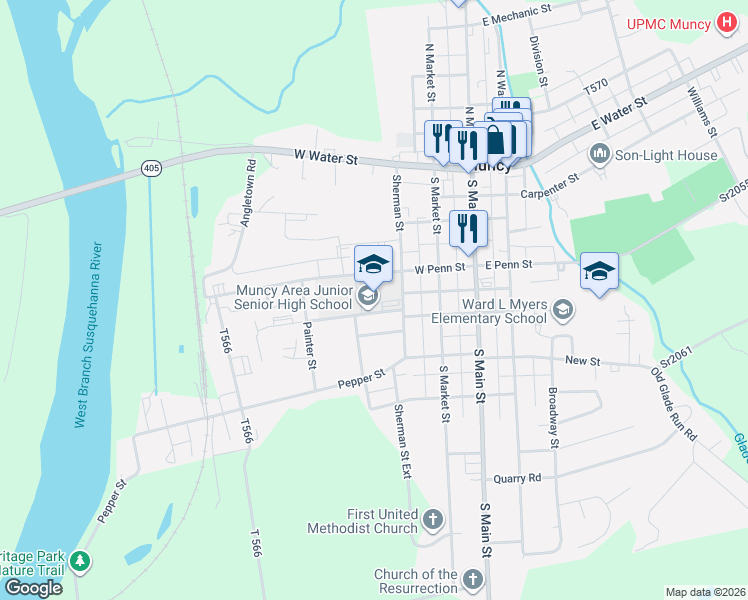 map of restaurants, bars, coffee shops, grocery stores, and more near 200-298 West Penn Street in Muncy