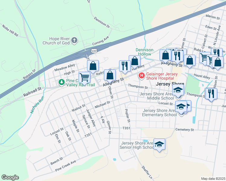 map of restaurants, bars, coffee shops, grocery stores, and more near 1231 Allegheny Street in Jersey Shore