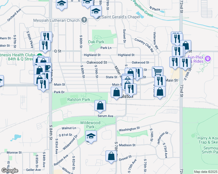 map of restaurants, bars, coffee shops, grocery stores, and more near 7749 State Street in Ralston