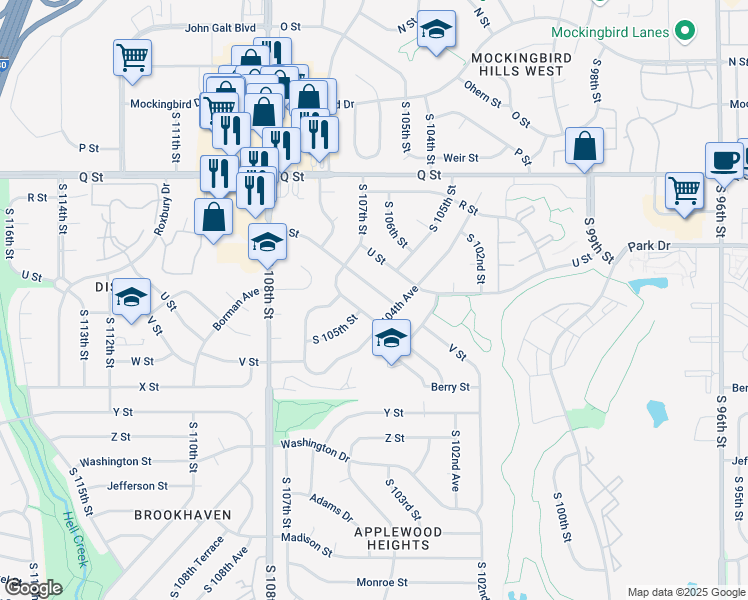 map of restaurants, bars, coffee shops, grocery stores, and more near 10511 U Street in Omaha
