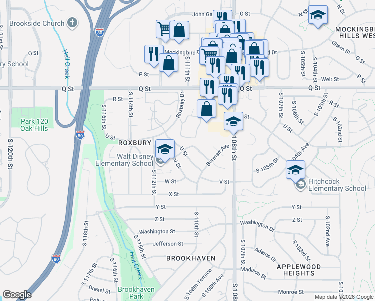 map of restaurants, bars, coffee shops, grocery stores, and more near 5607 South 111th Street in Omaha