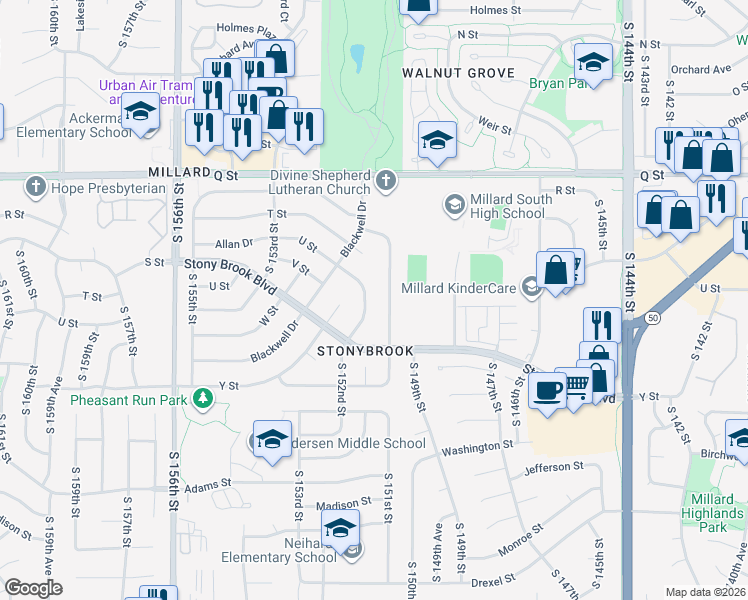map of restaurants, bars, coffee shops, grocery stores, and more near 5529 South 152nd Street in Omaha