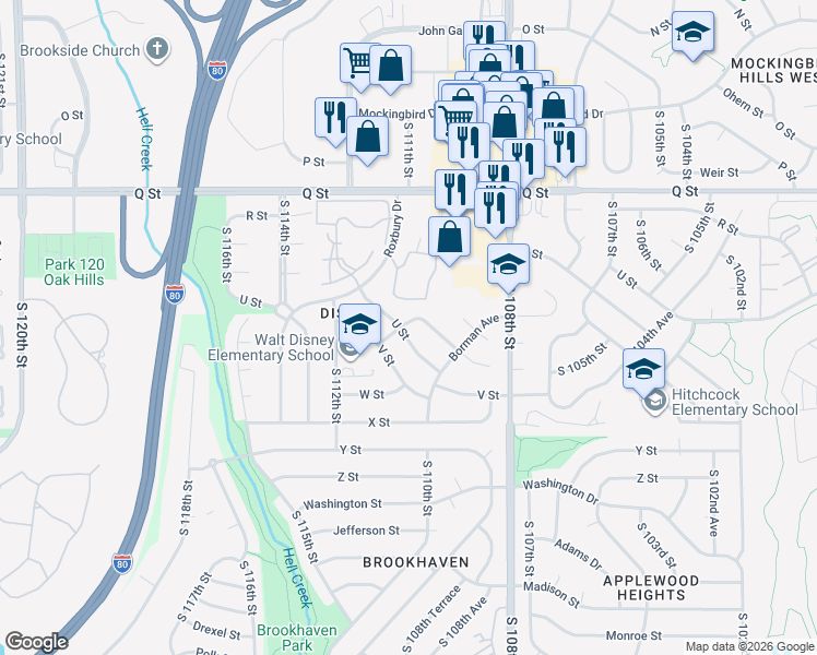 map of restaurants, bars, coffee shops, grocery stores, and more near 5604 South 111th Street in Omaha