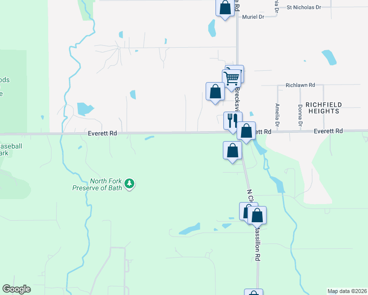 map of restaurants, bars, coffee shops, grocery stores, and more near 4126 Everett Road in Richfield