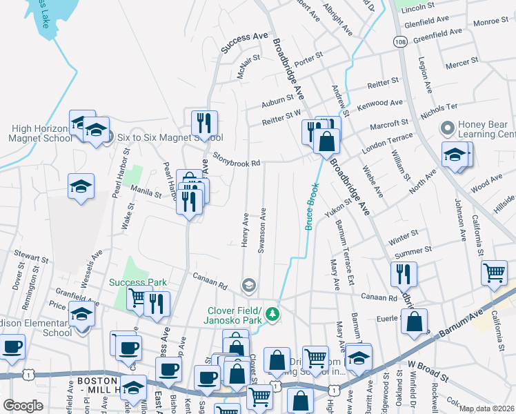 map of restaurants, bars, coffee shops, grocery stores, and more near 281 Swanson Avenue in Stratford