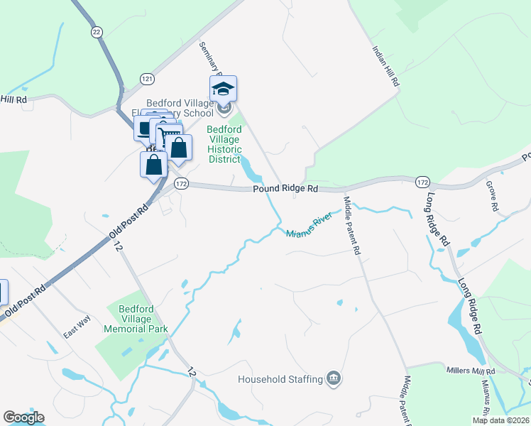 map of restaurants, bars, coffee shops, grocery stores, and more near 77 Pound Ridge Road in Bedford