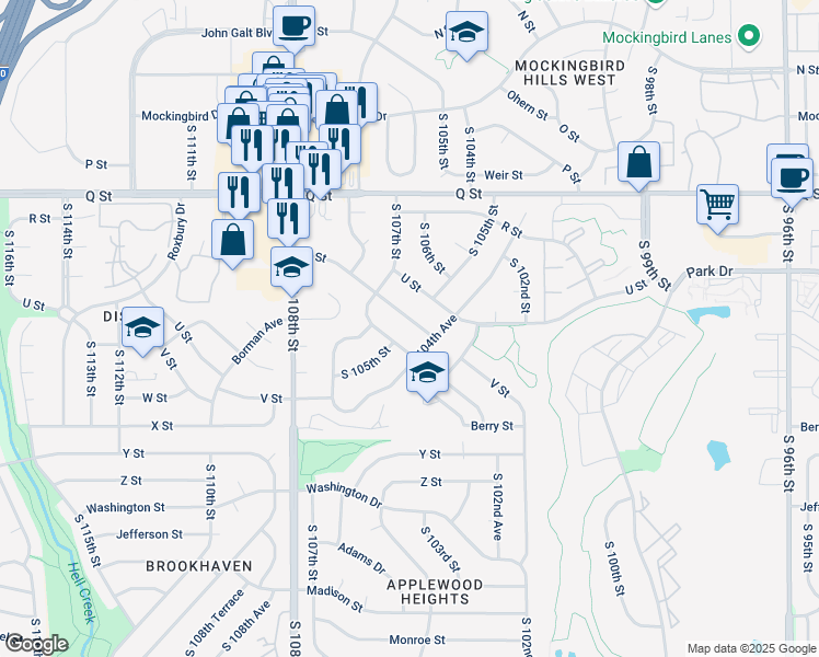 map of restaurants, bars, coffee shops, grocery stores, and more near 10511 U Street in Omaha