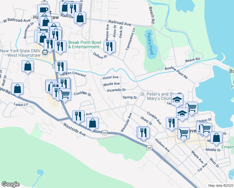 map of restaurants, bars, coffee shops, grocery stores, and more near 46 Village Mill in Haverstraw