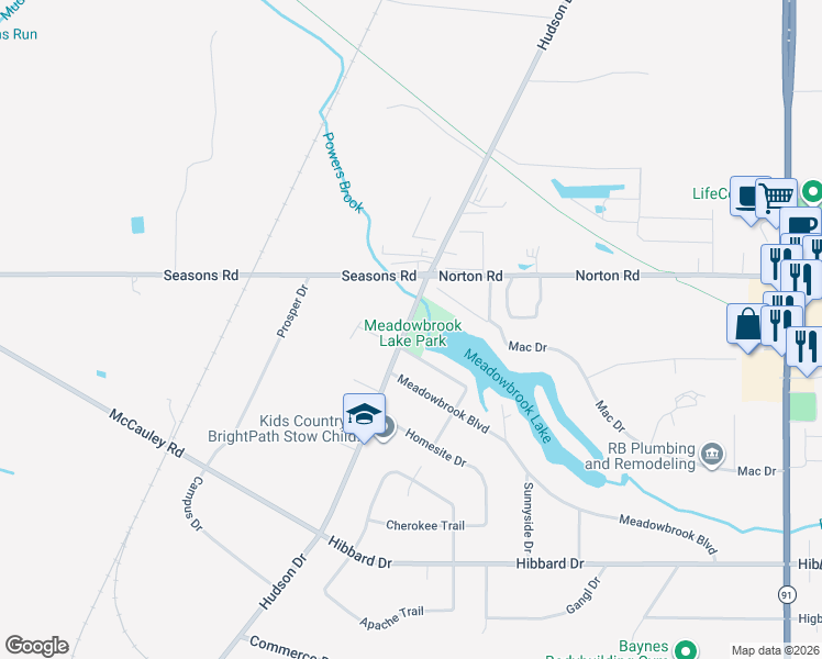 map of restaurants, bars, coffee shops, grocery stores, and more near 5069 Hudson Drive in Stow