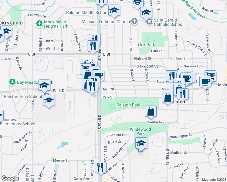 map of restaurants, bars, coffee shops, grocery stores, and more near 5511 Woodlawn Avenue in Ralston