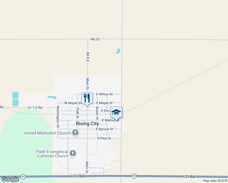 map of restaurants, bars, coffee shops, grocery stores, and more near 310 East Willow Street in Rising City