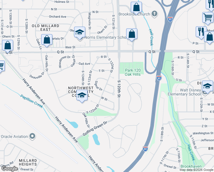 map of restaurants, bars, coffee shops, grocery stores, and more near 12111 T Circle in Omaha