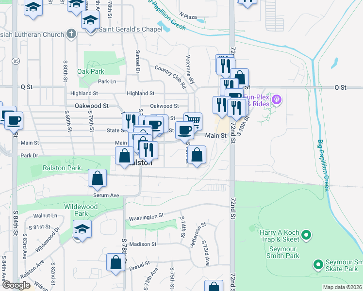 map of restaurants, bars, coffee shops, grocery stores, and more near 7545 Main Street in Ralston