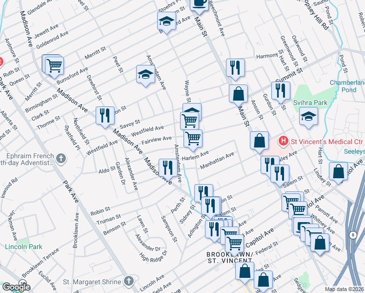 map of restaurants, bars, coffee shops, grocery stores, and more near 601 Fairview Avenue in Bridgeport