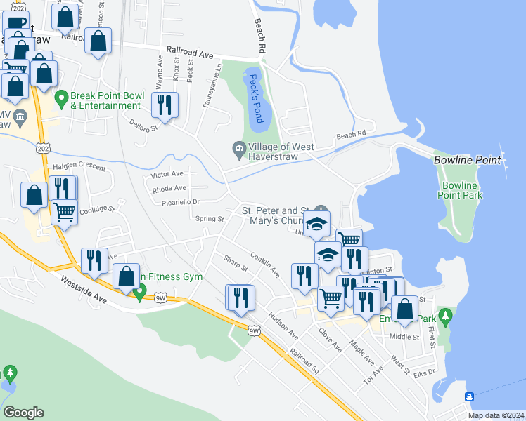 map of restaurants, bars, coffee shops, grocery stores, and more near 172 Broadway in Haverstraw