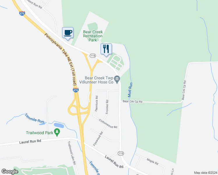 map of restaurants, bars, coffee shops, grocery stores, and more near 3502 Bear Creek Blvd in Luzerne