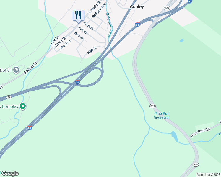 map of restaurants, bars, coffee shops, grocery stores, and more near 2300 Highway 309 in Ashley