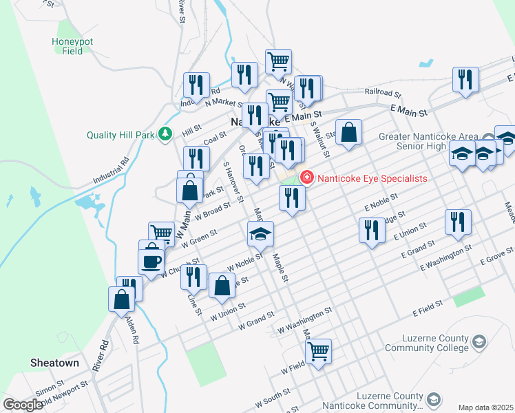 map of restaurants, bars, coffee shops, grocery stores, and more near 34-36 East Broad Street in Nanticoke