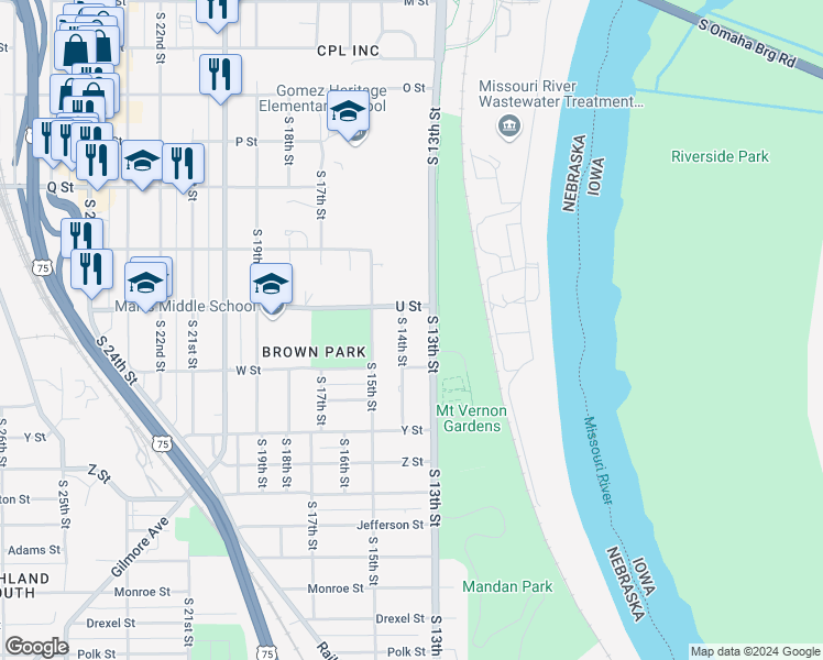 map of restaurants, bars, coffee shops, grocery stores, and more near 5602 South 13th Street in Omaha