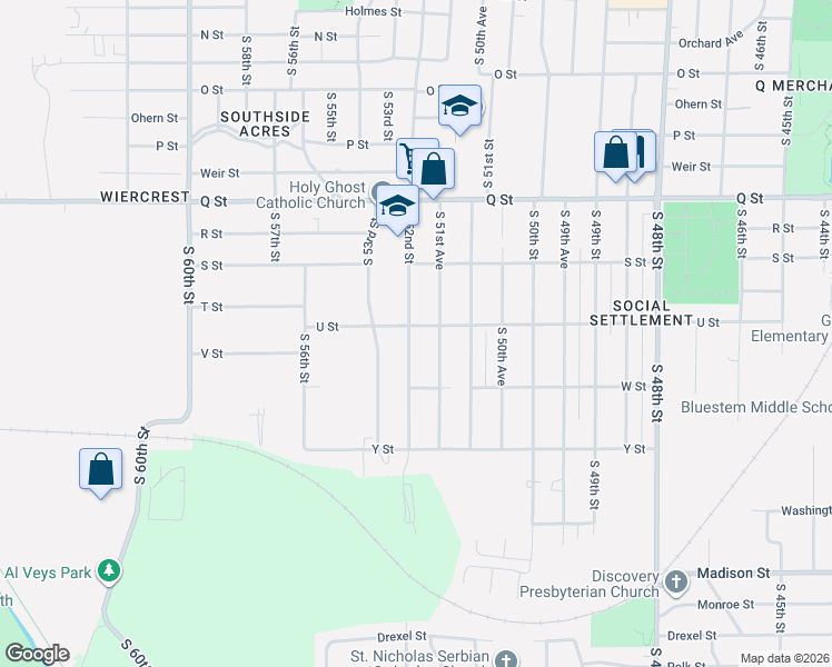 map of restaurants, bars, coffee shops, grocery stores, and more near 5448 South 51st Avenue in Omaha