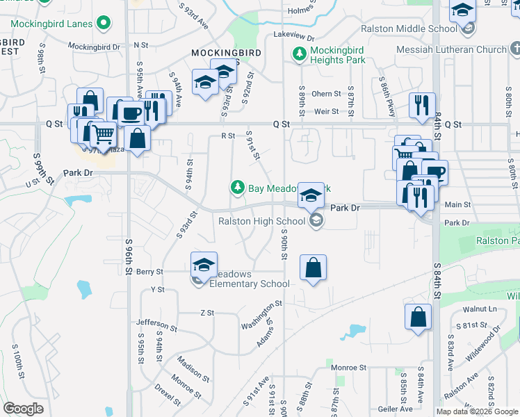 map of restaurants, bars, coffee shops, grocery stores, and more near 9126 Park Drive in Omaha