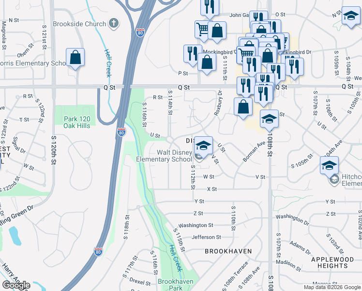 map of restaurants, bars, coffee shops, grocery stores, and more near 5529 South 114th Street in Omaha