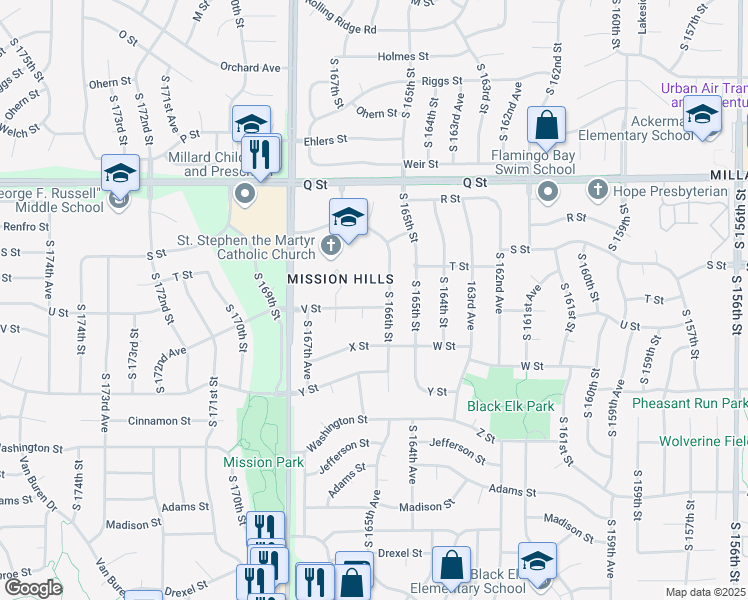 map of restaurants, bars, coffee shops, grocery stores, and more near 5518 South 166th Street in Omaha
