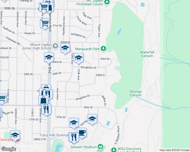 map of restaurants, bars, coffee shops, grocery stores, and more near 1057 3400 South in Ogden