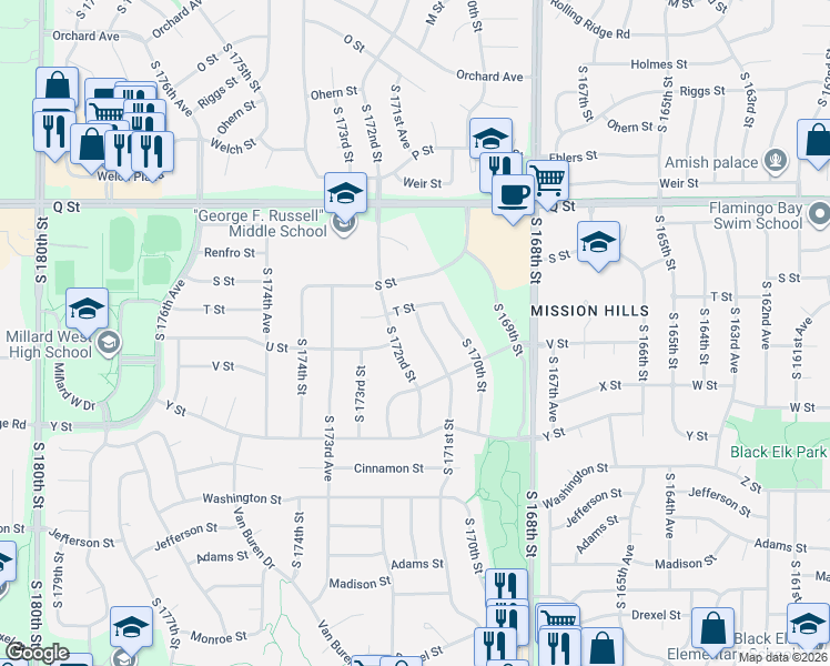 map of restaurants, bars, coffee shops, grocery stores, and more near 5514 South 171st Street in Omaha