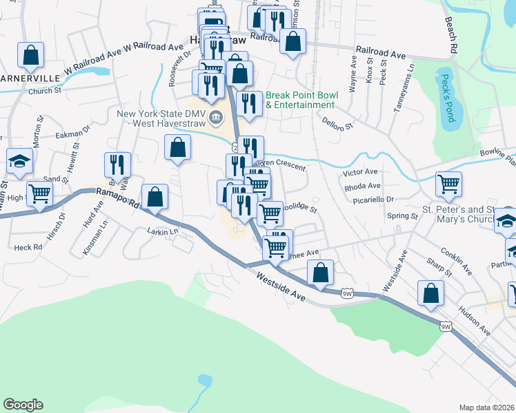 map of restaurants, bars, coffee shops, grocery stores, and more near 250 Route 9W in Haverstraw