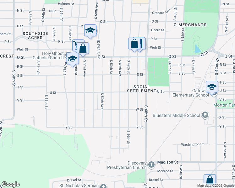 map of restaurants, bars, coffee shops, grocery stores, and more near 5455 South 50th Street in Omaha