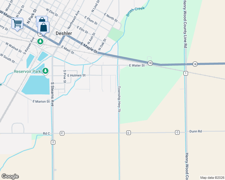 map of restaurants, bars, coffee shops, grocery stores, and more near 640 East Holmes Street in Deshler