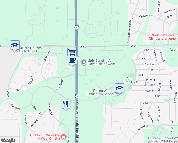 map of restaurants, bars, coffee shops, grocery stores, and more near 20125 U Street in Omaha