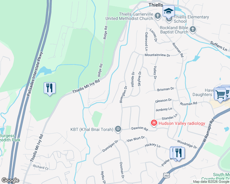 map of restaurants, bars, coffee shops, grocery stores, and more near 10 Creekview Drive in Thiells